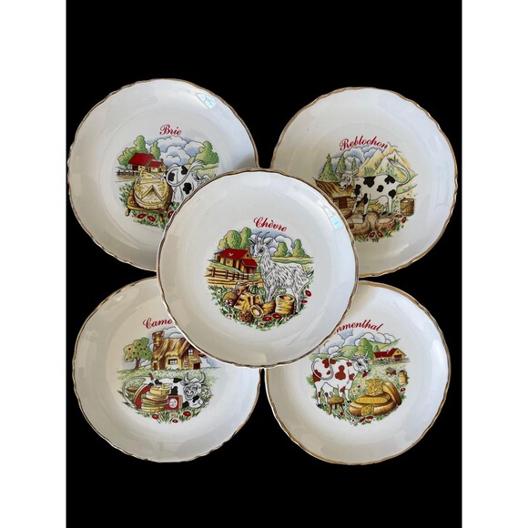 Moulin des Loups Cheese Plates, 5, Illustrated, 1950s, French Country Home Decor - Picture 1 of 8